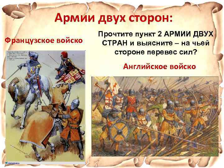 Армии двух сторон: Французское войско Прочтите пункт 2 АРМИИ ДВУХ СТРАН и выясните –