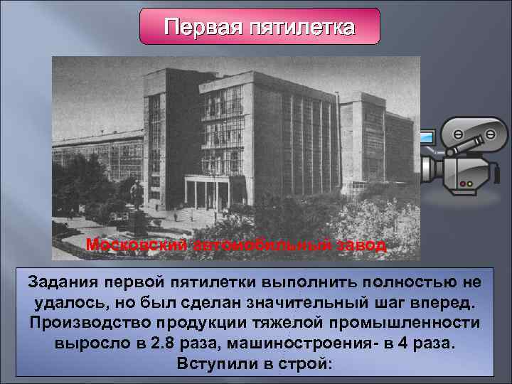 Первая пятилетка Магнитогорский металлургический комбинат Кузнецкий металлургический комбинат Сталинградский тракторный завод Шахты Донбасса Московский