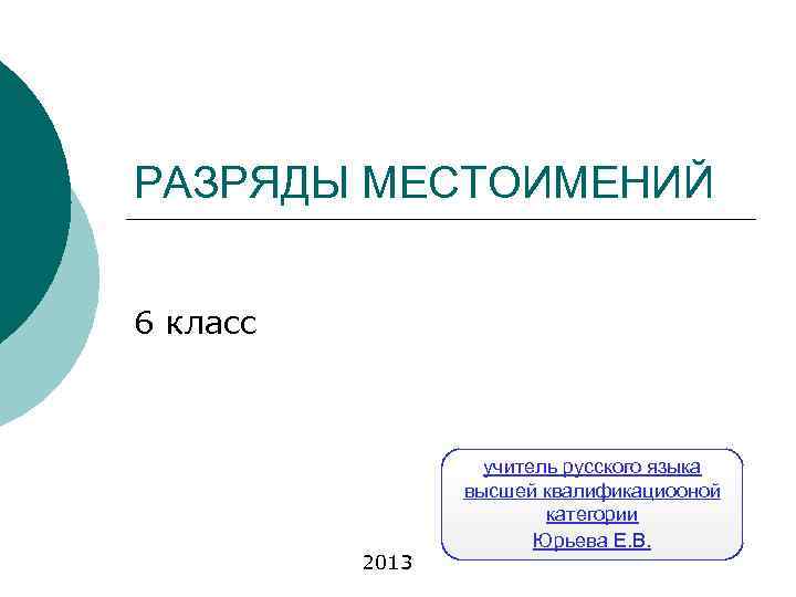 РАЗРЯДЫ МЕСТОИМЕНИЙ 6 класс 2013 учитель русского языка высшей квалификациооной категории Юрьева Е. В.