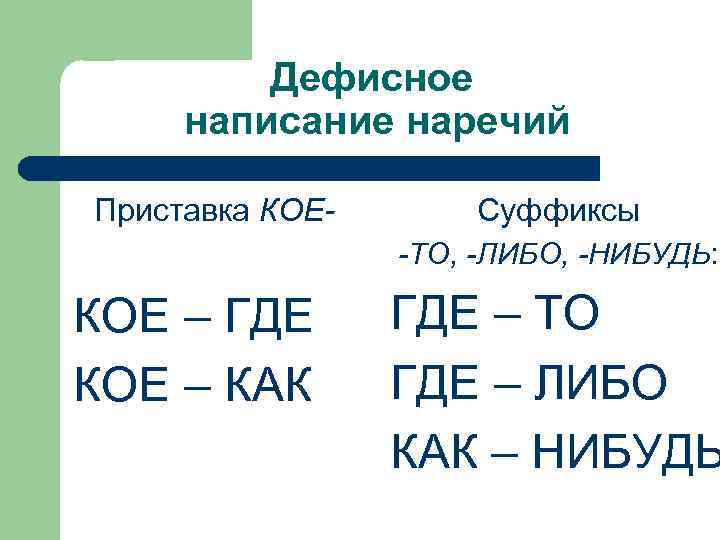 Дефисное написание наречий Приставка КОЕ- Суффиксы -ТО, -ЛИБО, -НИБУДЬ: КОЕ – ГДЕ КОЕ –