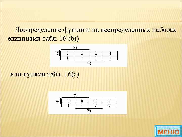 Доопределение функции на неопределенных наборах единицами табл. 16 (b)) или нулями табл. 16(c) 