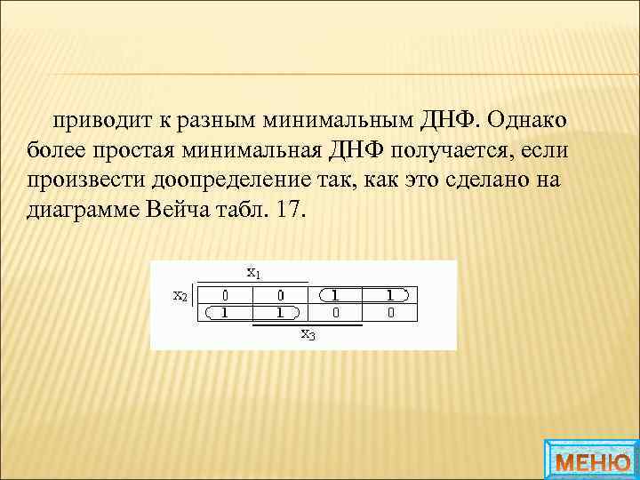 приводит к разным минимальным ДНФ. Однако более простая минимальная ДНФ получается, если произвести доопределение