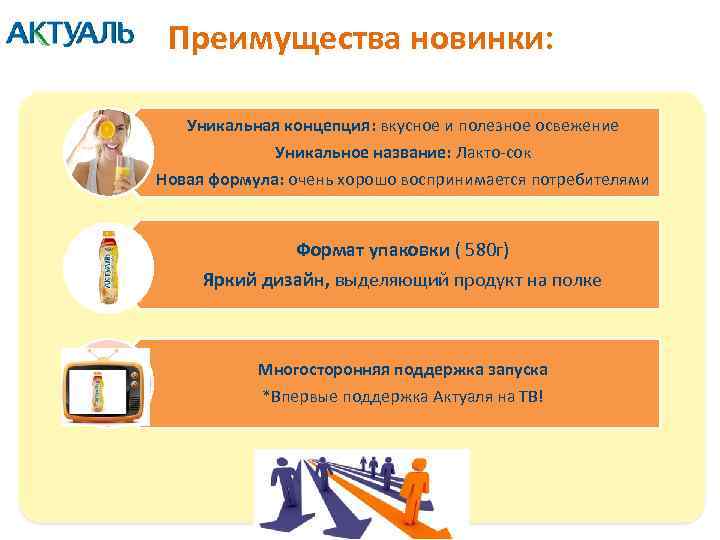 Преимущества новинки: Уникальная концепция: вкусное и полезное освежение Уникальное название: Лакто-сок Новая формула: очень