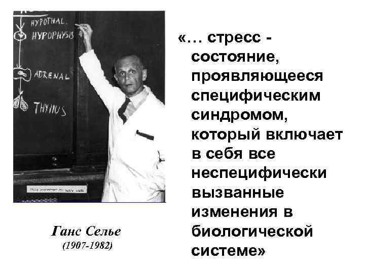 Ганс Селье (1907 -1982) «… стресс состояние, проявляющееся специфическим синдромом, который включает в себя