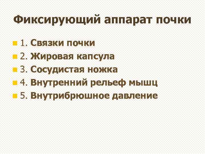 Фиксирующий аппарат почки n 1. Связки почки n 2. Жировая капсула n 3. Сосудистая
