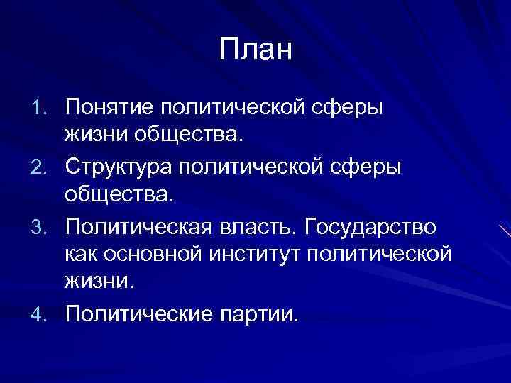 План 1. Понятие политической сферы жизни общества. 2. Структура политической сферы общества. 3. Политическая