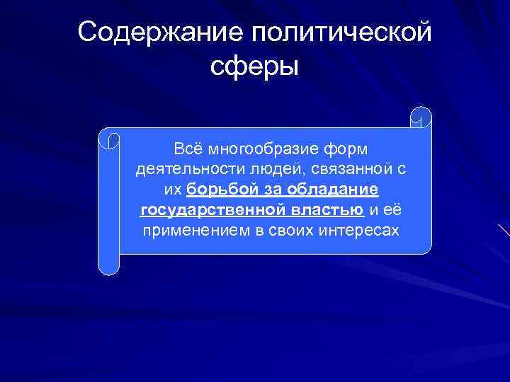 Содержание политической сферы Всё многообразие форм деятельности людей, связанной с их борьбой за обладание