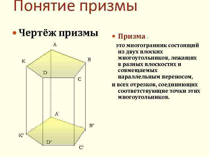 Понятие призмы Чертёж призмы А В К D С A’ B’ K’ D’ C’
