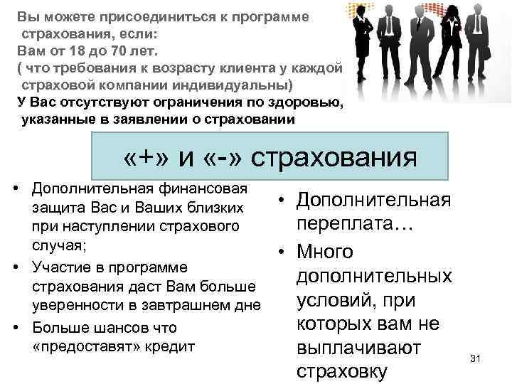 Вы можете присоединиться к программе страхования, если: Вам от 18 до 70 лет. (