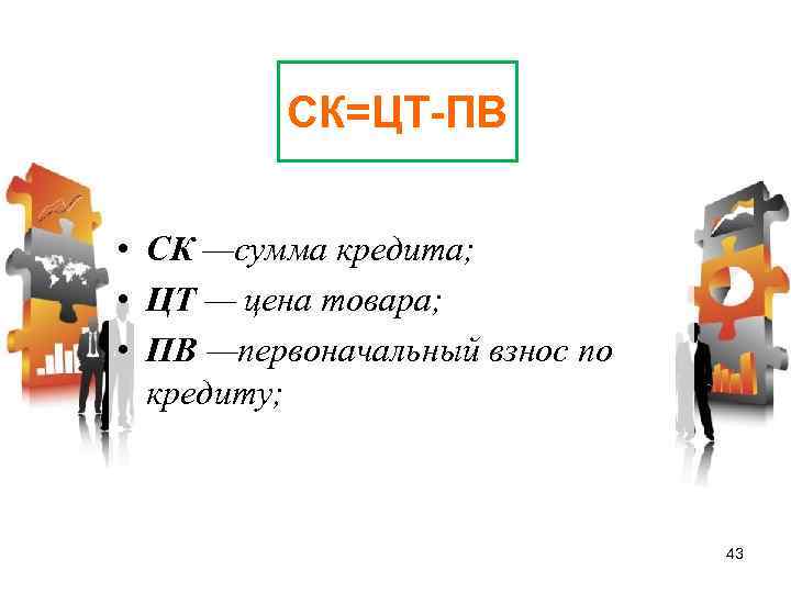 СК=ЦТ-ПВ • СК —сумма кредита; • ЦТ — цена товара; • ПВ —первоначальный взнос