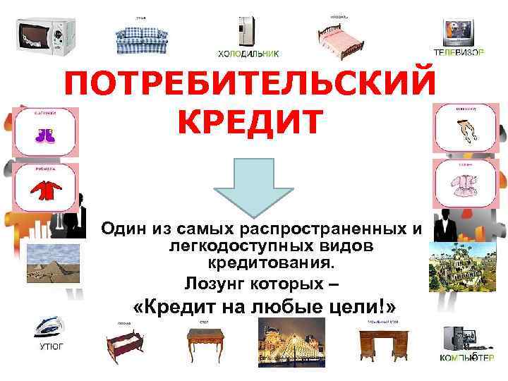 ПОТРЕБИТЕЛЬСКИЙ КРЕДИТ Один из самых распространенных и легкодоступных видов кредитования. Лозунг которых – «Кредит