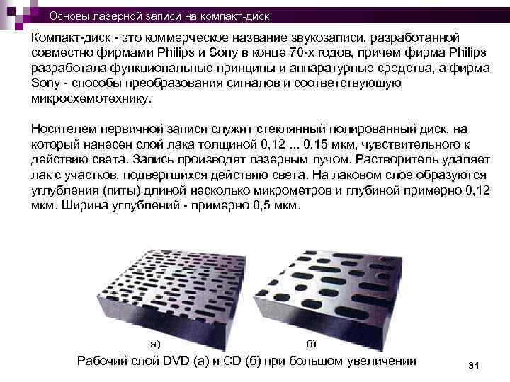  Основы лазерной записи на компакт-диск Компакт-диск - это коммерческое название звукозаписи, разработанной совместно