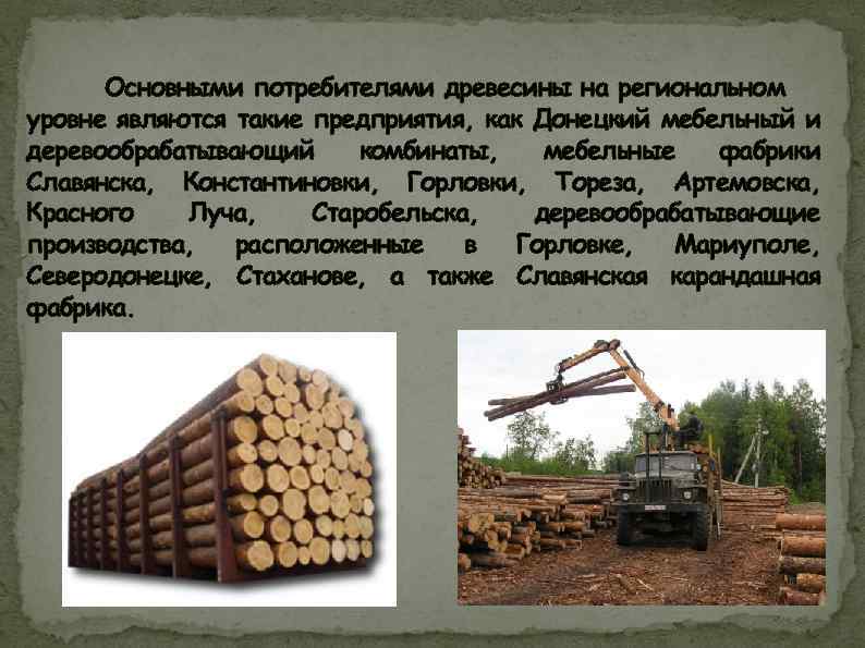 Основными потребителями древесины на региональном уровне являются такие предприятия, как Донецкий мебельный и деревообрабатывающий