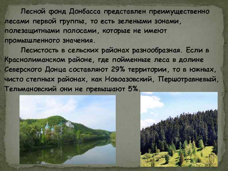 Лесной фонд Донбасса представлен преимущественно лесами первой группы, то есть зелеными зонами, полезащитными полосами,