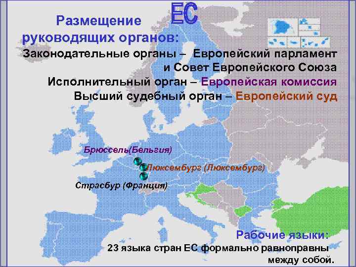 Размещение руководящих органов: Законодательные органы – Европейский парламент и Совет Европейского Союза Исполнительный орган