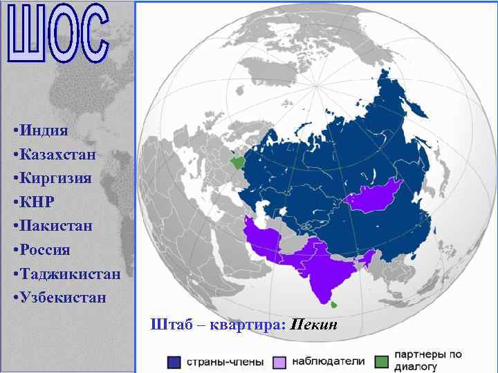  • Индия • Казахстан • Киргизия • КНР • Пакистан • Россия •