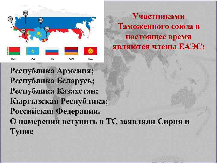 Участниками Таможенного союза в настоящее время являются члены ЕАЭС: Республика Армения; Республика Беларусь; Республика