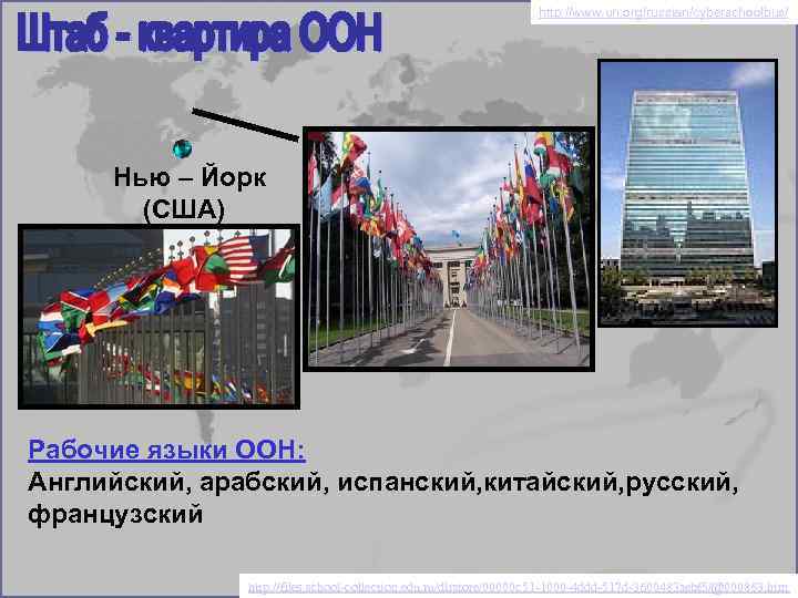 http: //www. un. org/russian/cyberschoolbus/ Нью – Йорк (США) Рабочие языки ООН: Английский, арабский, испанский,