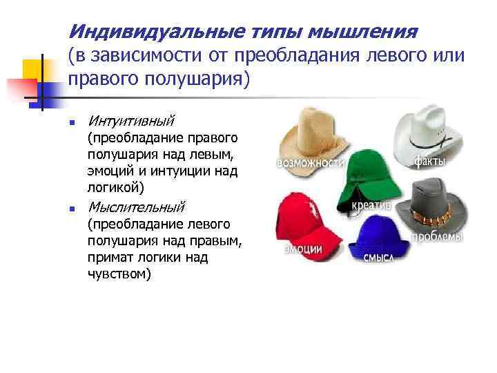 Индивидуальные типы мышления (в зависимости от преобладания левого или правого полушария) n Интуитивный (преобладание