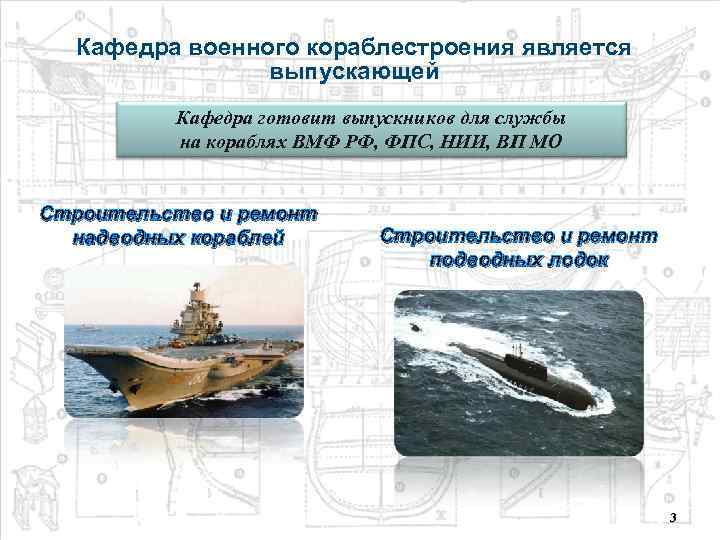 Кафедра военного кораблестроения является выпускающей Кафедра готовит выпускников для службы на кораблях ВМФ РФ,
