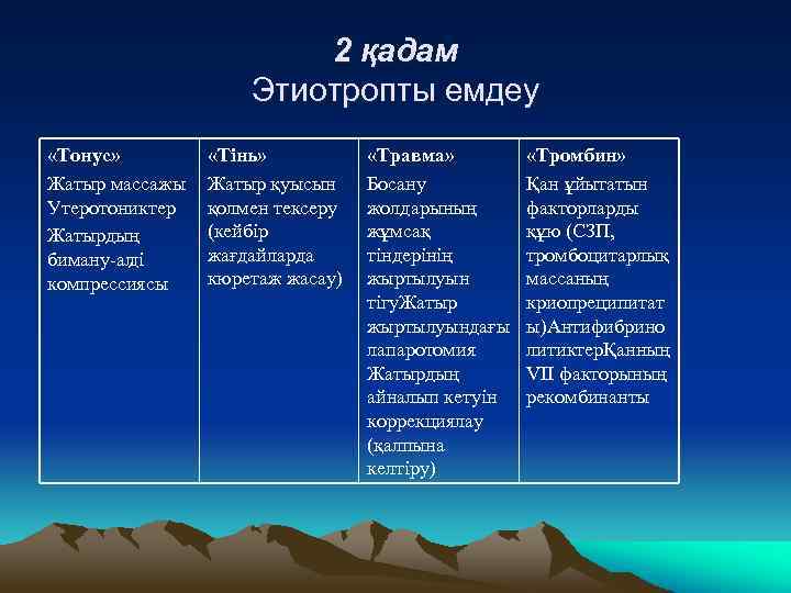 2 қадам Этиотропты емдеу «Тонус» Жатыр массажы Утеротониктер Жатырдың биману ал ді компрессиясы «Тінь»