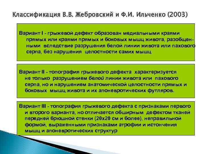 Классификация В. В. Жебровский и Ф. И. Ильченко (2003) Вариант I грыжевой дефект образован