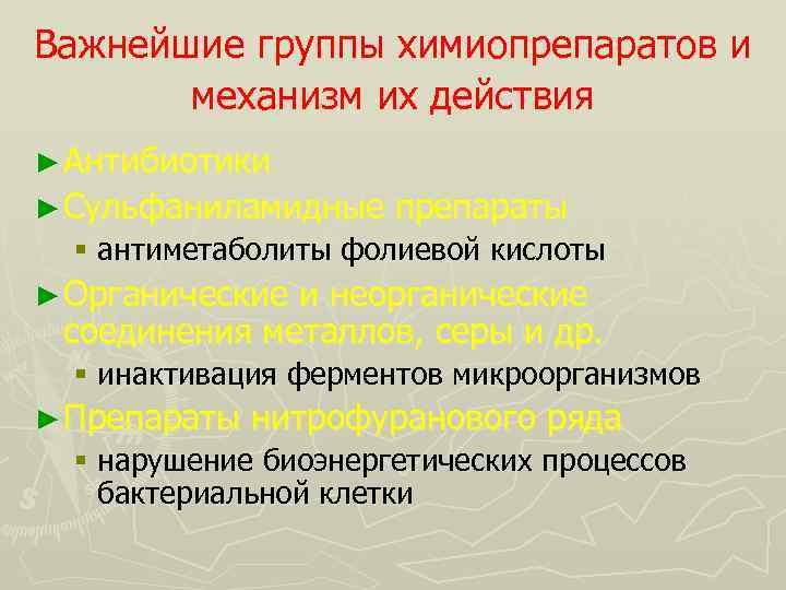 Важнейшие группы химиопрепаратов и механизм их действия ► Антибиотики ► Сульфаниламидные препараты § антиметаболиты