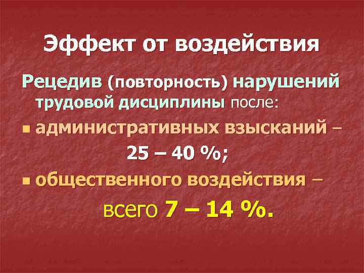Эффект от воздействия Рецедив (повторность) нарушений трудовой дисциплины после: административных взысканий – 25 –
