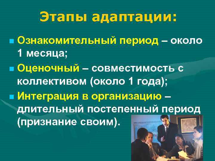Этапы адаптации: Ознакомительный период – около 1 месяца; Оценочный – совместимость с коллективом (около