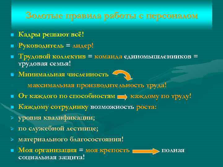 Золотые правила работы с персоналом Кадры решают всё! Руководитель = лидер! Трудовой коллектив =
