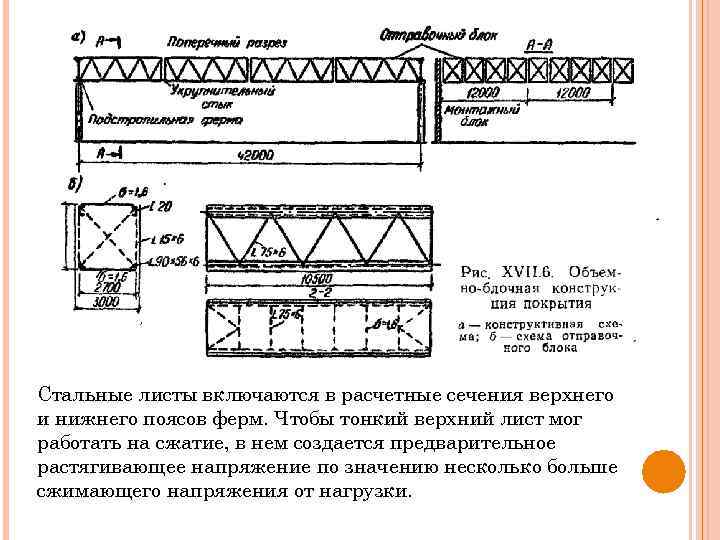 Стальные листы включаются в расчетные сечения верхнего и нижнего поясов ферм. Чтобы тонкий верхний