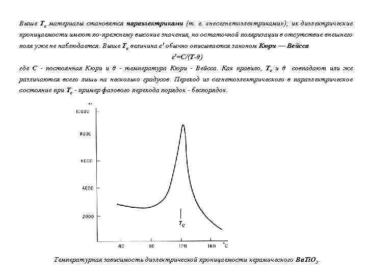 Выше Тс материалы становятся параэлектриками (т. е. «несегнетоэлектриками» ); их диэлектрические проницаемости имеют по-прежнему