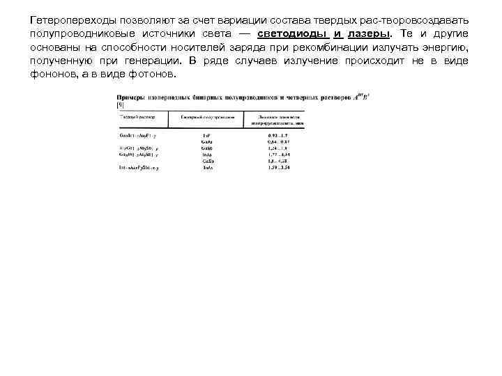 Гетеропереходы позволяют за счет вариации состава твердых рас творовсоздавать полупроводниковые источники света — светодиоды