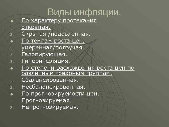 Виды инфляции. u 1. 2. 3. u 1. 2. По характеру протекания открытая. Скрытая