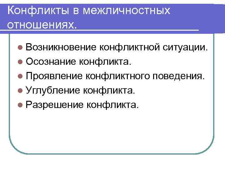 Конфликты в межличностных отношениях. l Возникновение конфликтной ситуации. l Осознание конфликта. l Проявление конфликтного