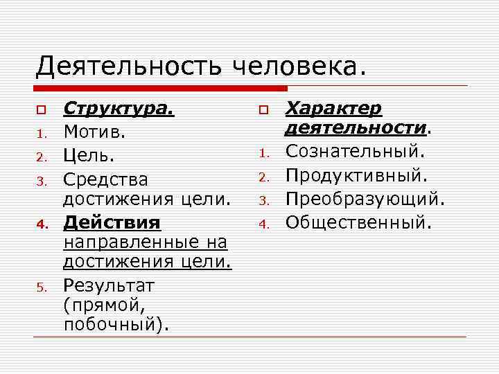 Деятельность человека. o 1. 2. 3. 4. 5. Структура. Мотив. Цель. Средства достижения цели.