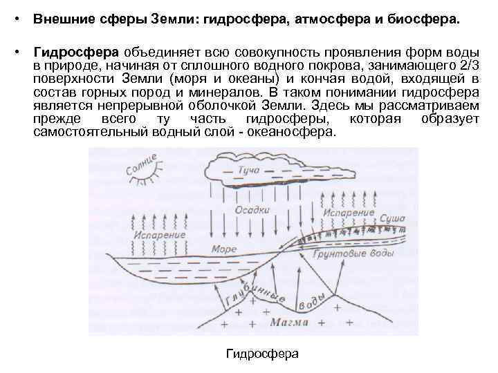  • Внешние сферы Земли: гидросфера, атмосфера и биосфера. • Гидросфера объединяет всю совокупность