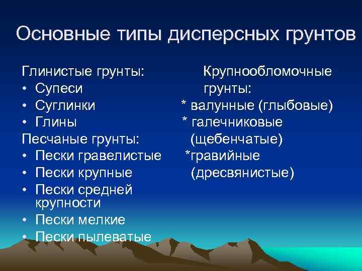 Основные типы дисперсных грунтов Глинистые грунты: • Супеси • Суглинки • Глины Песчаные грунты: