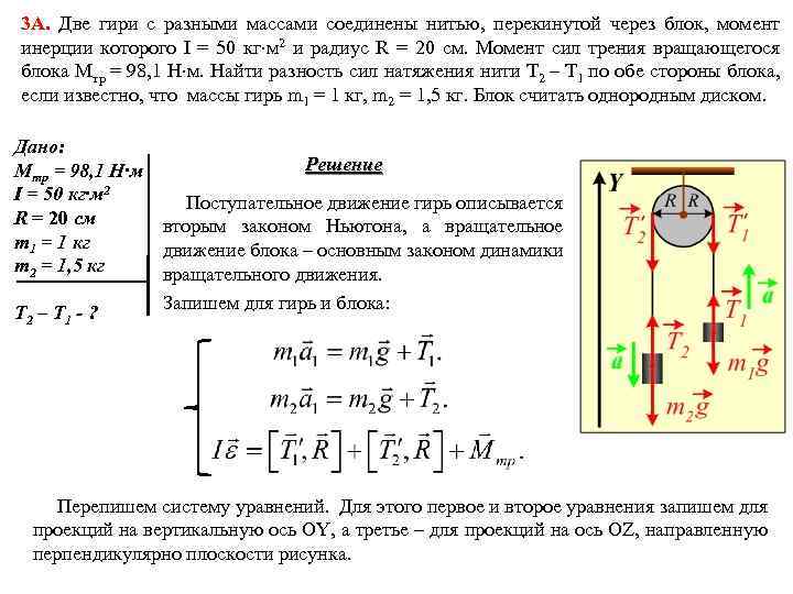 3 А. Две гири с разными массами соединены нитью, перекинутой через блок, момент инерции