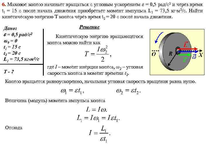 6. Маховое колесо начинает вращаться с угловым ускорением = 0, 5 рад/c 2 и