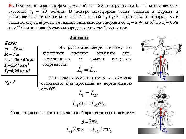 10. Горизонтальная платформа массой m = 80 кг и радиусом R = 1 м