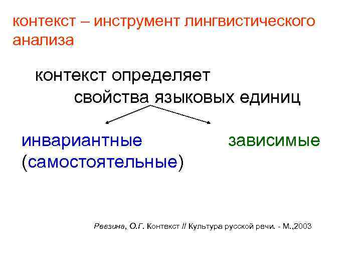 контекст – инструмент лингвистического анализа контекст определяет свойства языковых единиц инвариантные зависимые (самостоятельные) Ревзина,