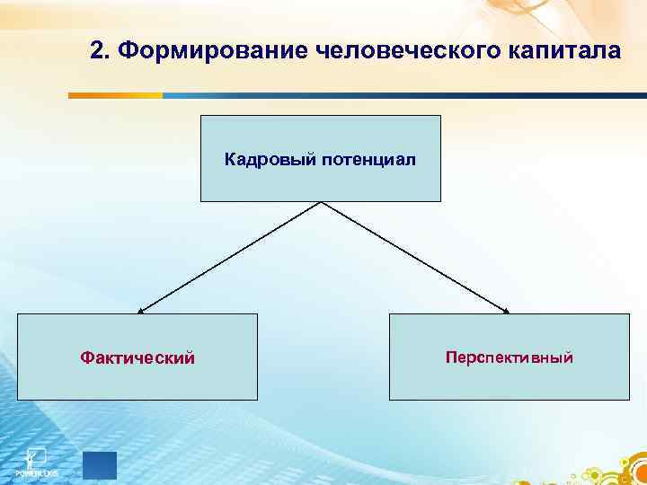 2. Формирование человеческого капитала Кадровый потенциал Фактический Перспективный 