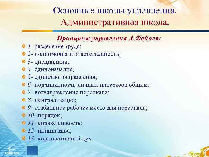 Основные школы управления. Административная школа. Принципы управления А. Файоля: 1 - разделение труда; 2