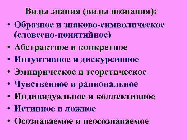 Виды знания (виды познания): • Образное и знаково-символическое (словесно-понятийное) • Виды знания (виды познания): • Образное и знаково-символическое (словесно-понятийное) •