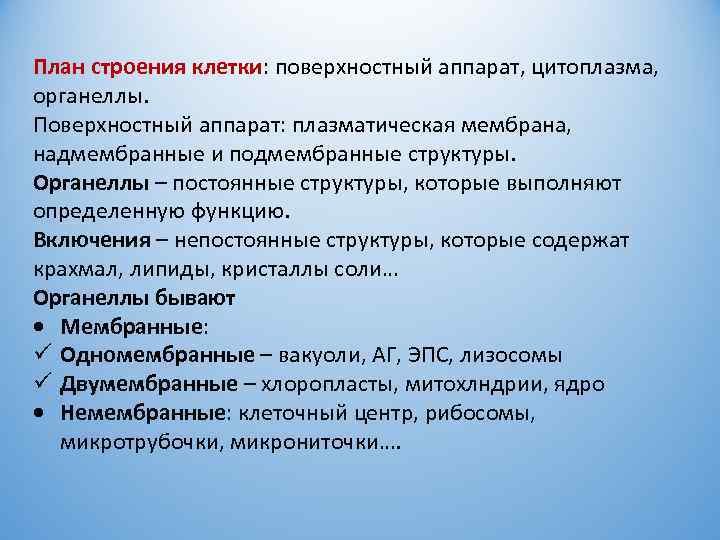 План строения клетки: поверхностный аппарат, цитоплазма, органеллы. Поверхностный аппарат: плазматическая мембрана, надмембранные и подмембранные