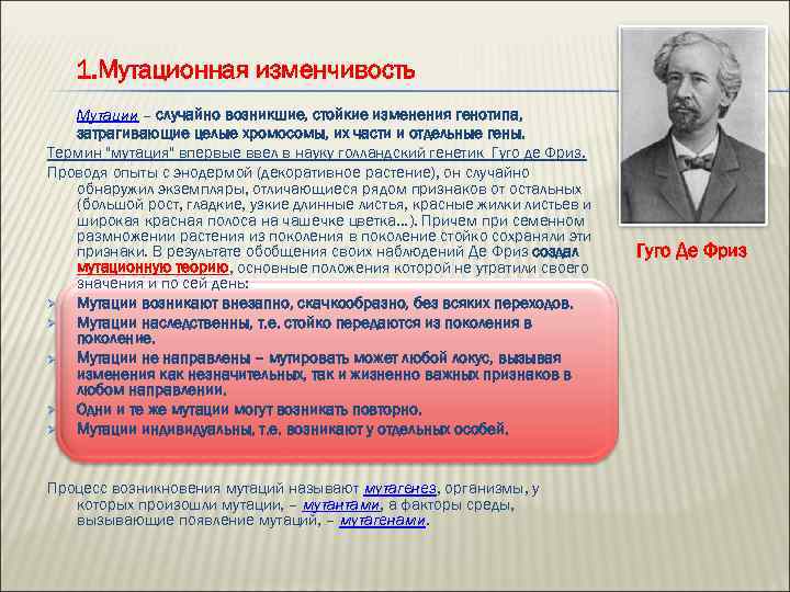 1. Мутационная изменчивость Мутации – случайно возникшие, стойкие изменения генотипа, затрагивающие целые хромосомы, их