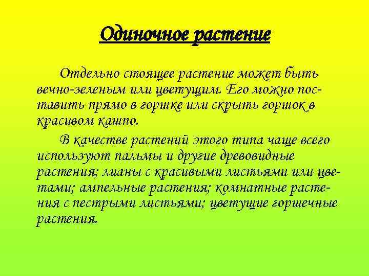 Одиночное растение Отдельно стоящее растение может быть вечно-зеленым или цветущим. Его можно поставить прямо