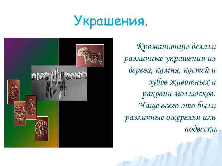 Украшения. Кроманьонцы делали различные украшения из дерева, камня, костей и зубов животных и раковин
