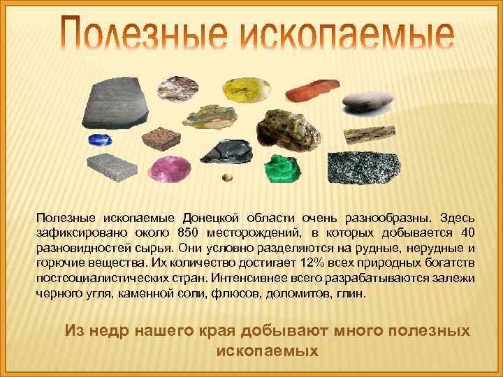 Полезные ископаемые Донецкой области очень разнообразны. Здесь зафиксировано около 850 месторождений, в которых добывается